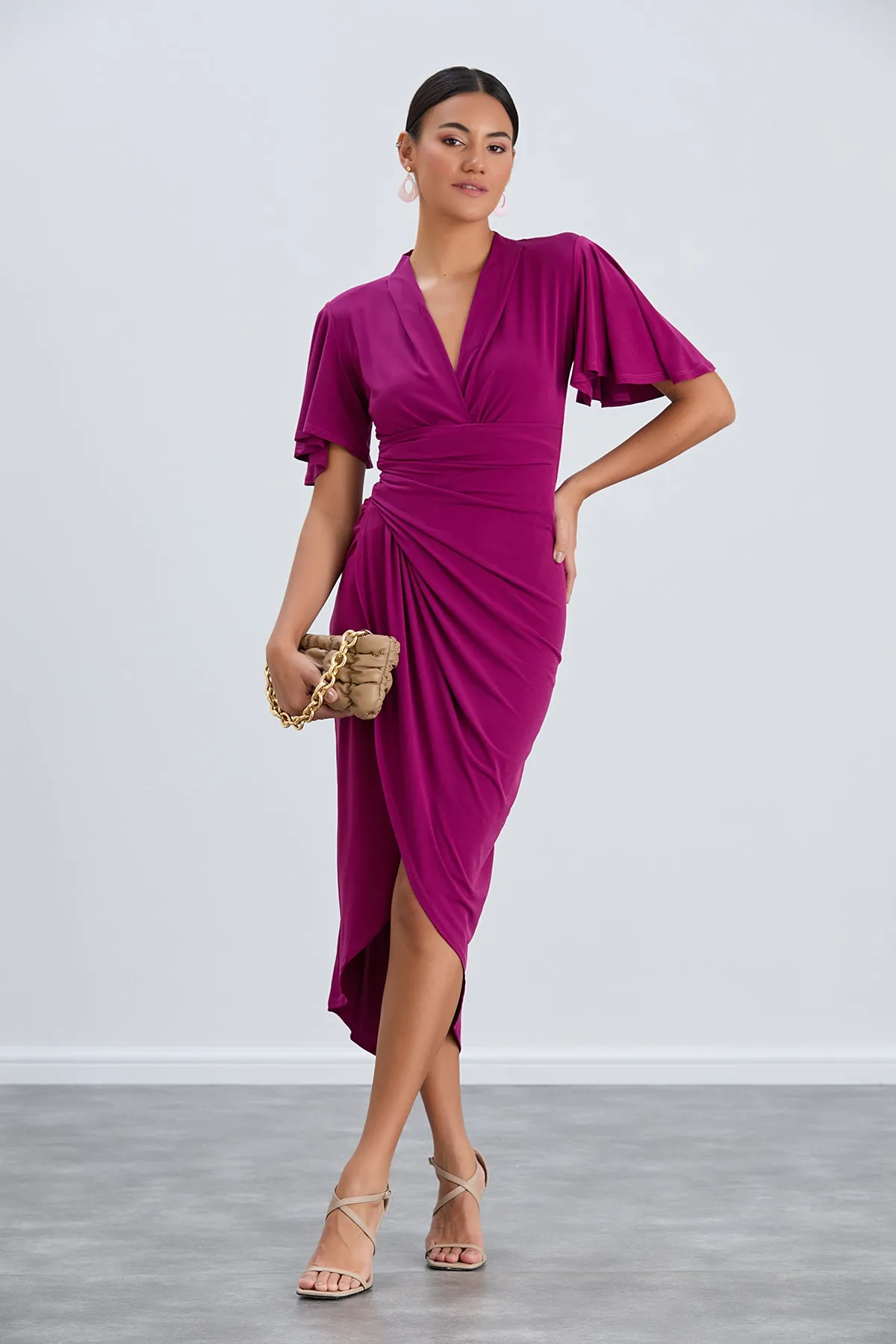 Timeless Angel Sleeve Wrap Dress in Vibrant Fuchsia