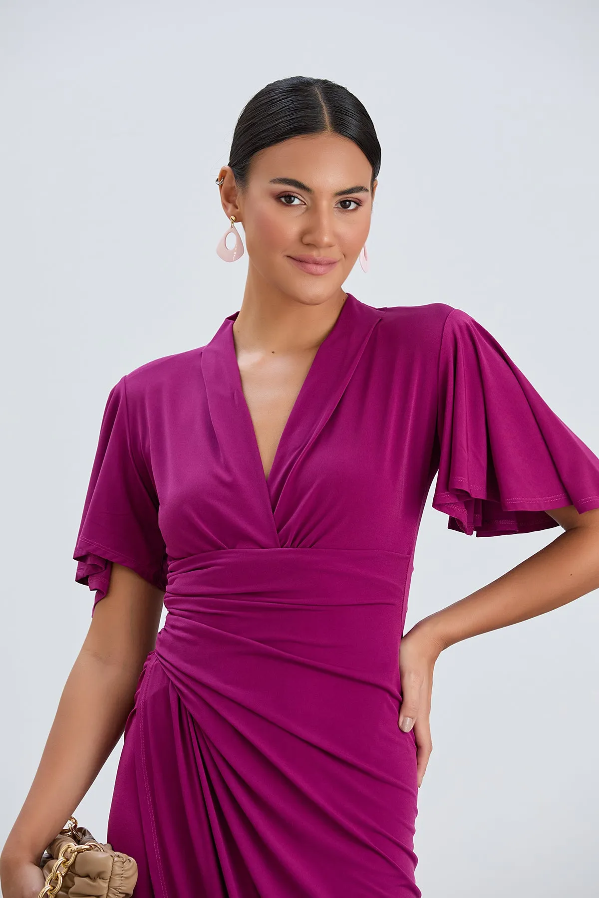 Timeless Angel Sleeve Wrap Dress in Vibrant Fuchsia