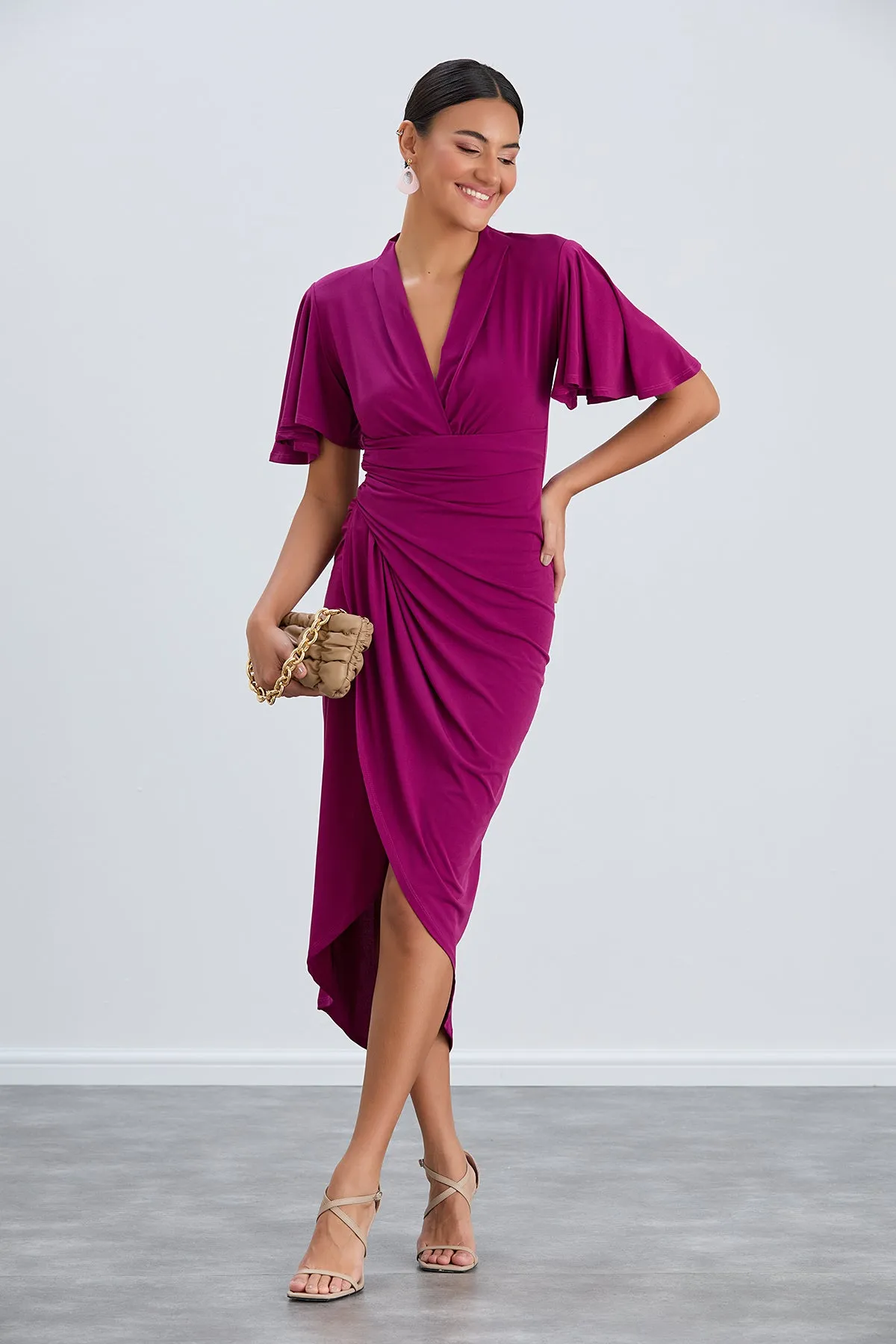 Timeless Angel Sleeve Wrap Dress in Vibrant Fuchsia