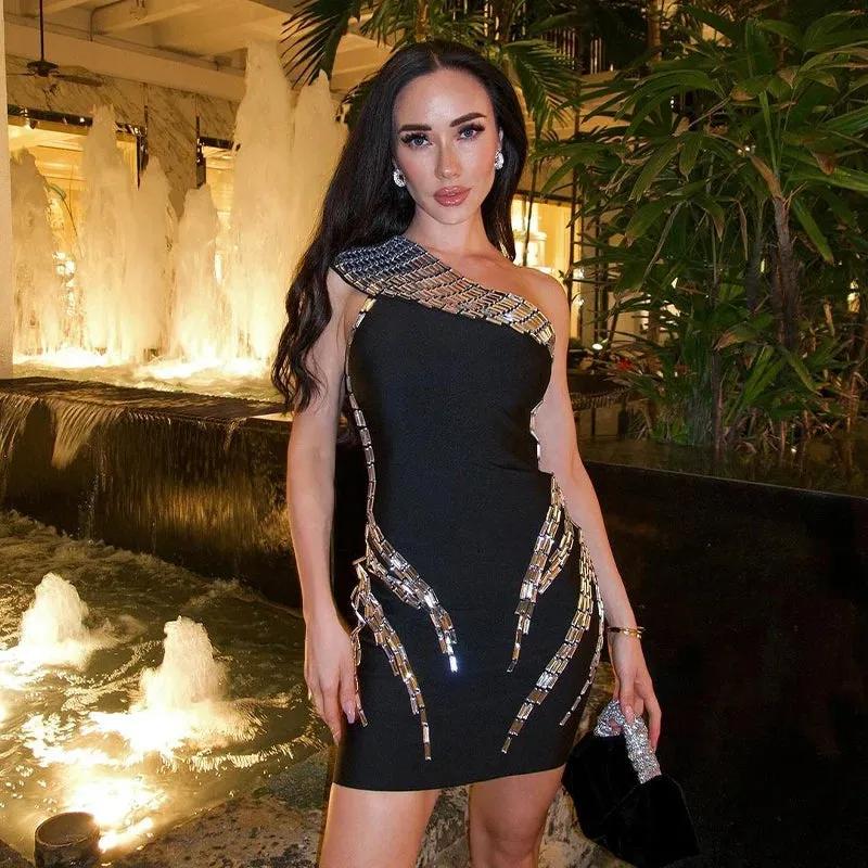 Trend4us Women’s One-Shoulder Crystal Embellished Cocktail Short Dress