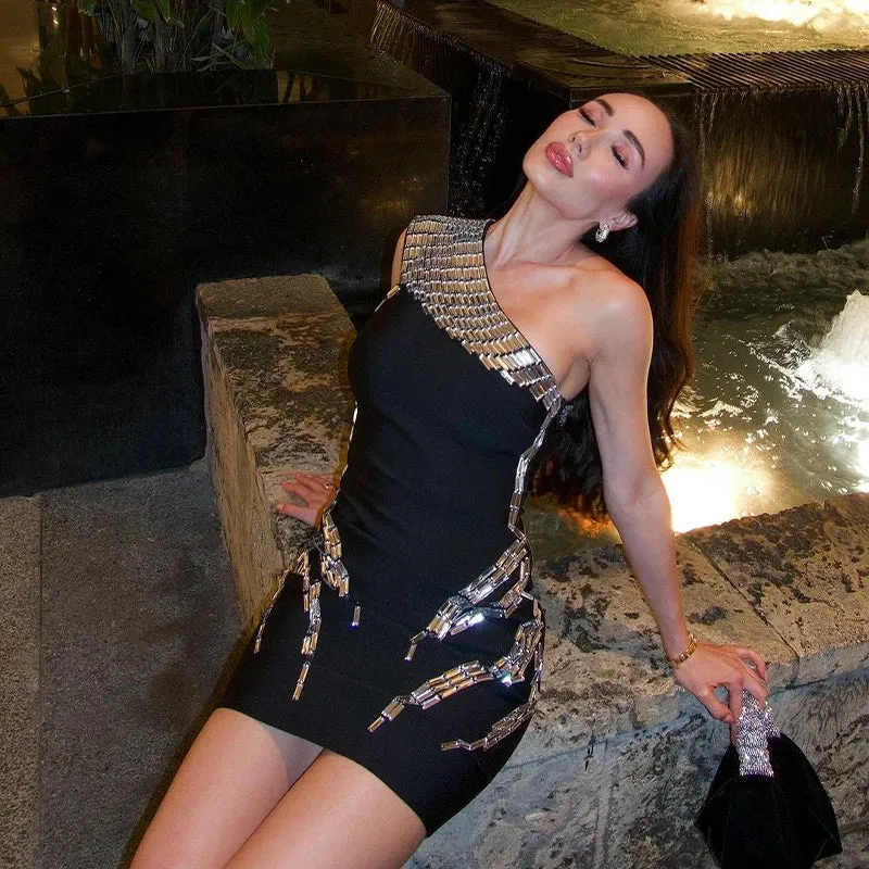 Trend4us Women’s One-Shoulder Crystal Embellished Cocktail Short Dress