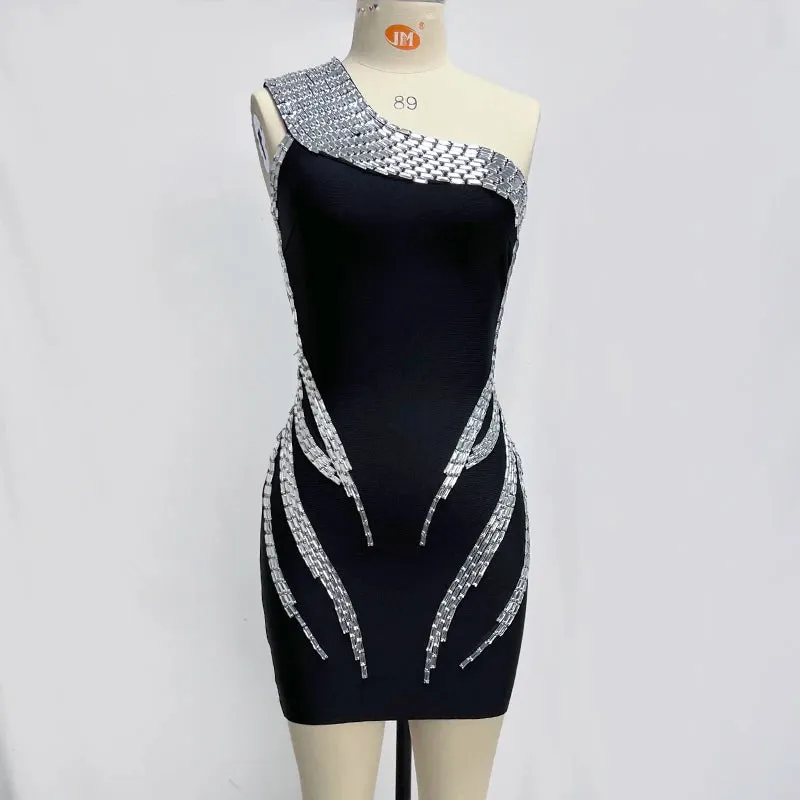 Trend4us Women’s One-Shoulder Crystal Embellished Cocktail Short Dress