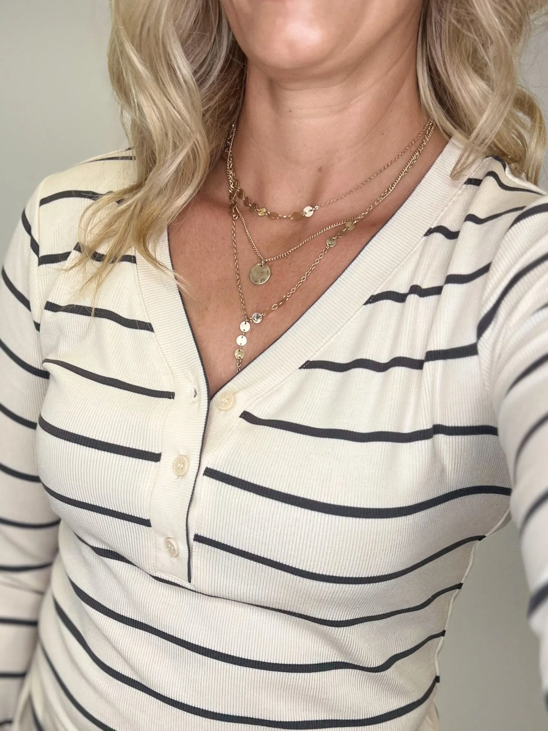 Triple Layered Disc with Y Drop Necklace, Gold