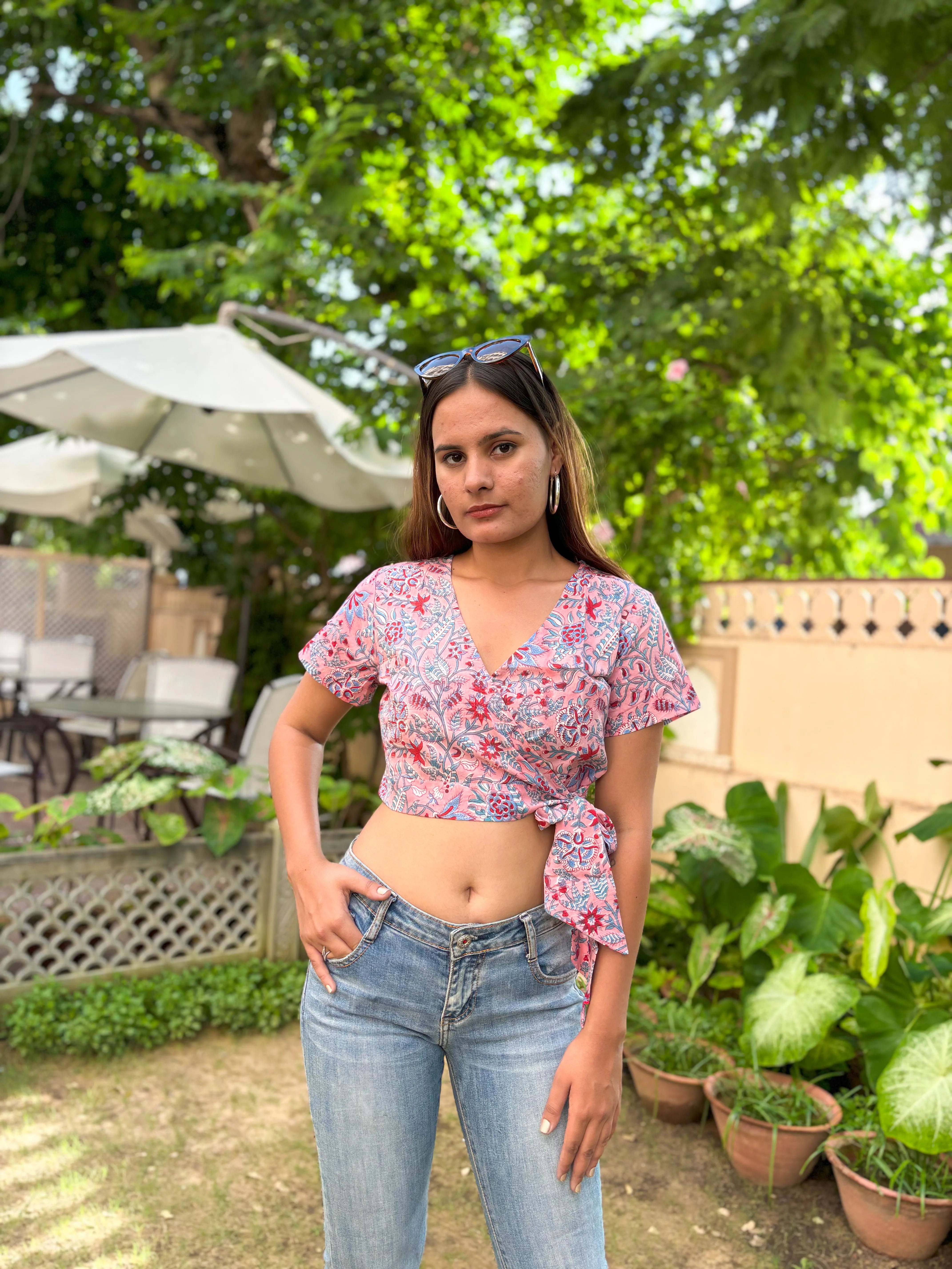 V-Neck Wrap Crop Top Candy Pink