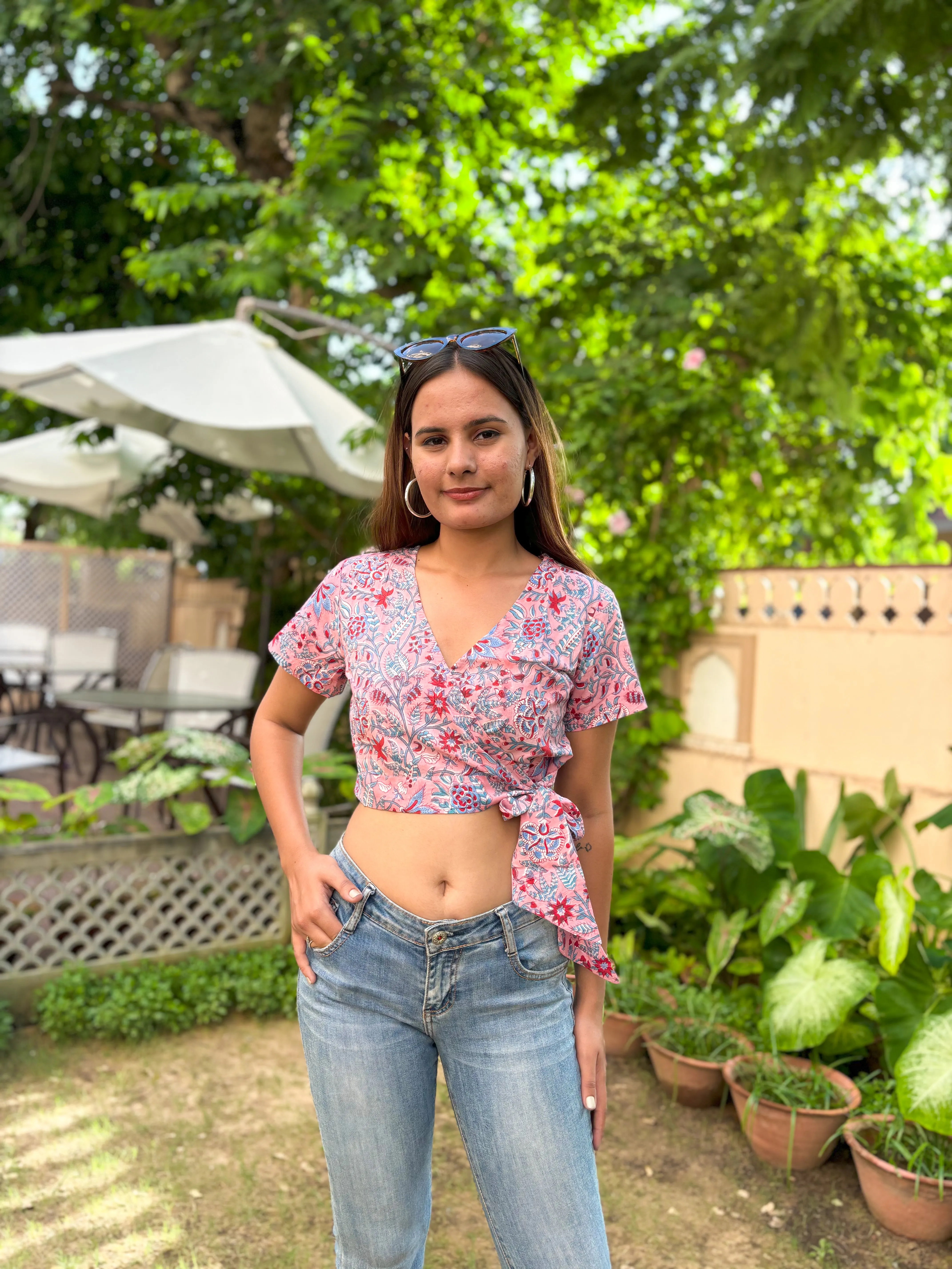 V-Neck Wrap Crop Top Candy Pink