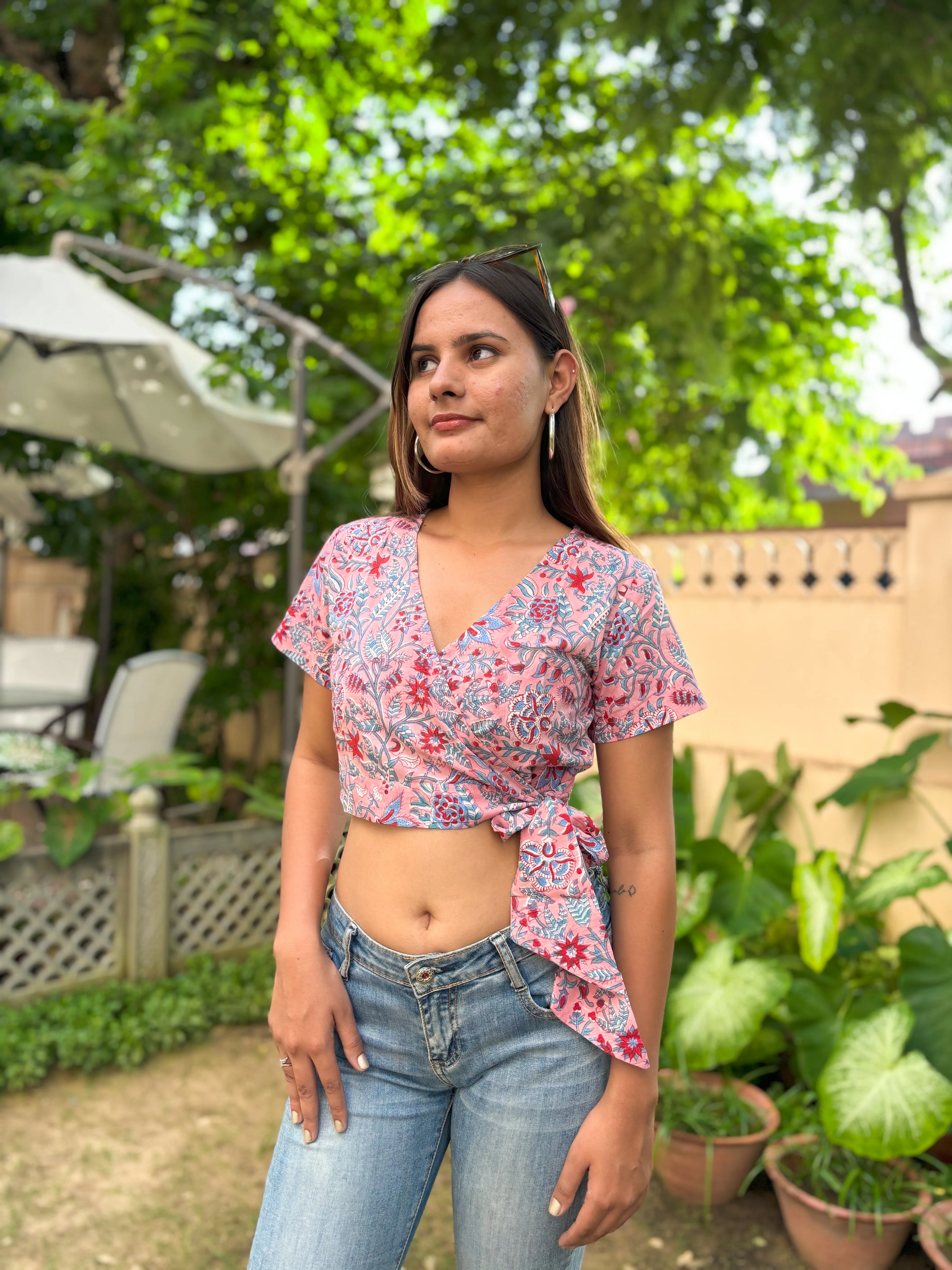 V-Neck Wrap Crop Top Candy Pink