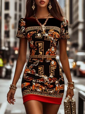 Vintage Crew Neck Pattern Patchwork Bodycon Dress