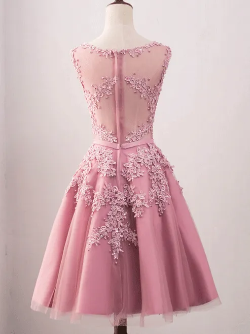 Vintage Jewel Neck Pink Lace Appliques Occasion Dress Modest Short Prom Dress
