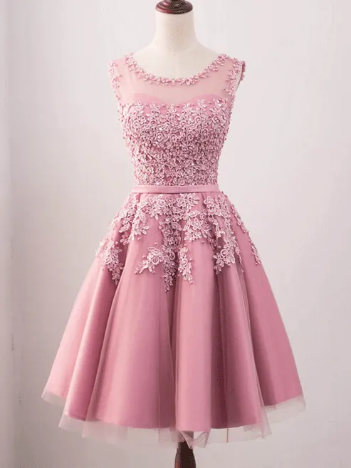 Vintage Jewel Neck Pink Lace Appliques Occasion Dress Modest Short Prom Dress