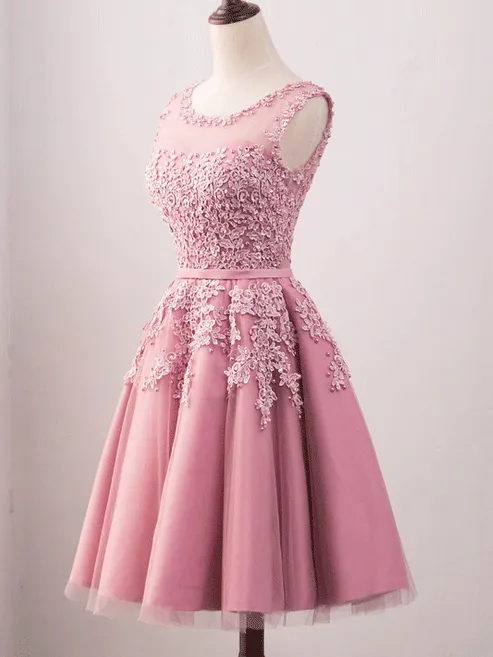Vintage Jewel Neck Pink Lace Appliques Occasion Dress Modest Short Prom Dress