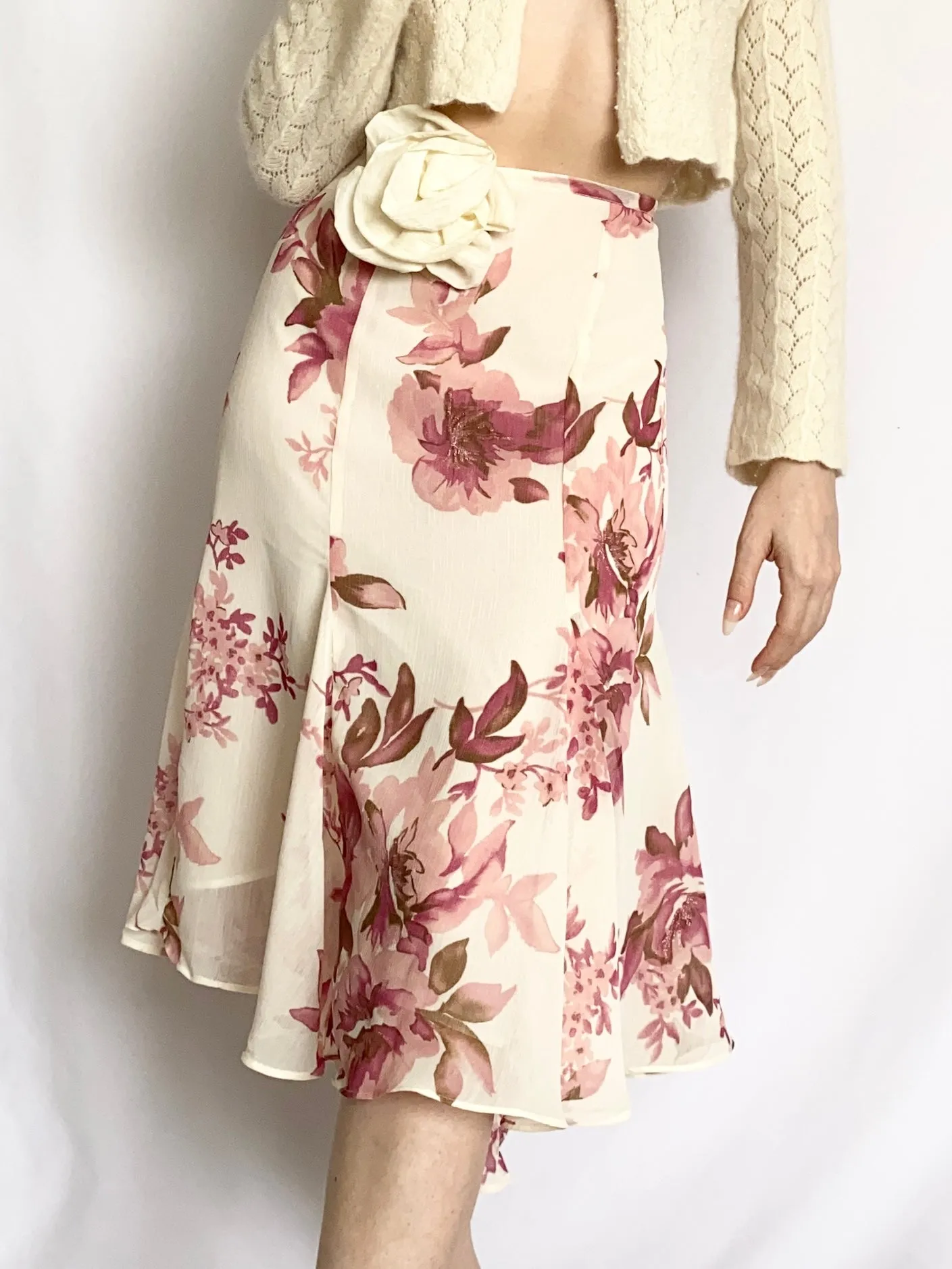 Vintage Silky 2000s Rose Midi Skirt (XL)