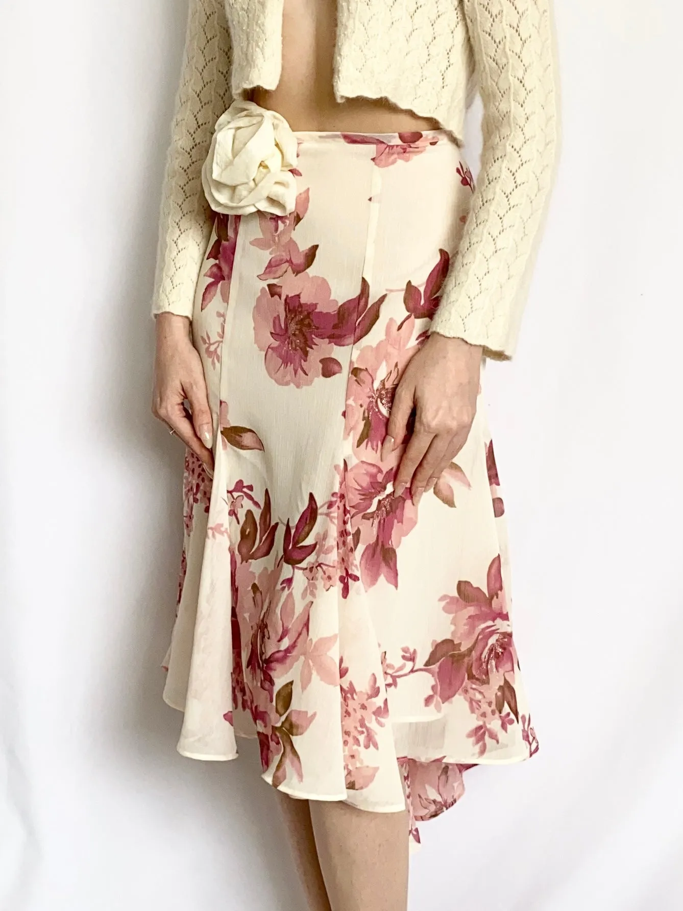 Vintage Silky 2000s Rose Midi Skirt (XL)
