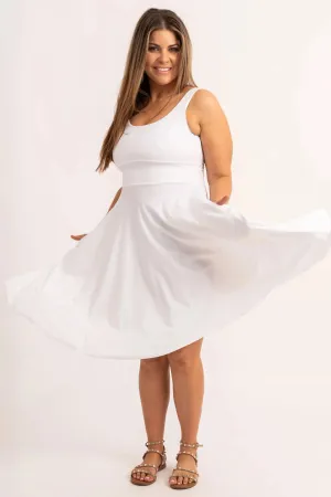 White Silky - Scoop Neck Comfort Crop Midi Dress W/ Pockets