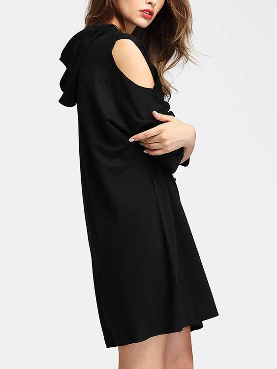 Wholesale Black Long Sleeve Hooded Cut Out Shirt Dress