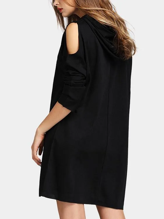 Wholesale Black Long Sleeve Hooded Cut Out Shirt Dress