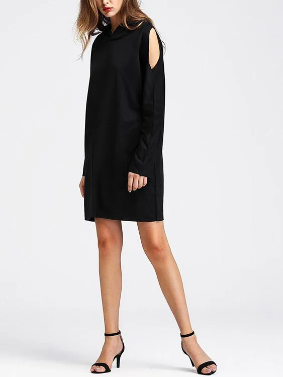 Wholesale Black Long Sleeve Hooded Cut Out Shirt Dress