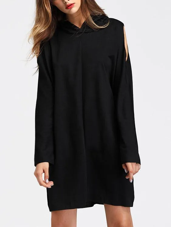 Wholesale Black Long Sleeve Hooded Cut Out Shirt Dress