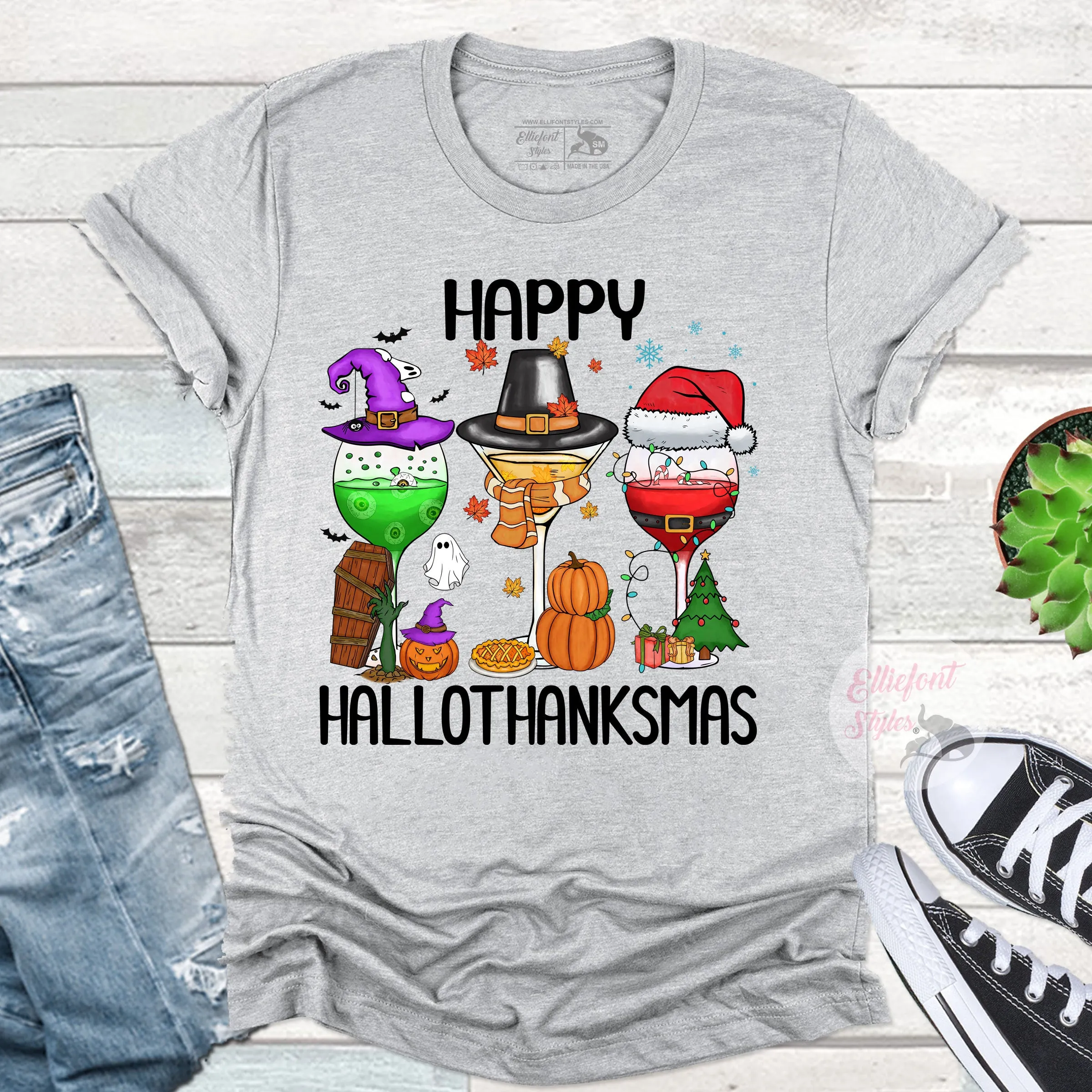 Wine Glass Happy Hallothanksmas shirt