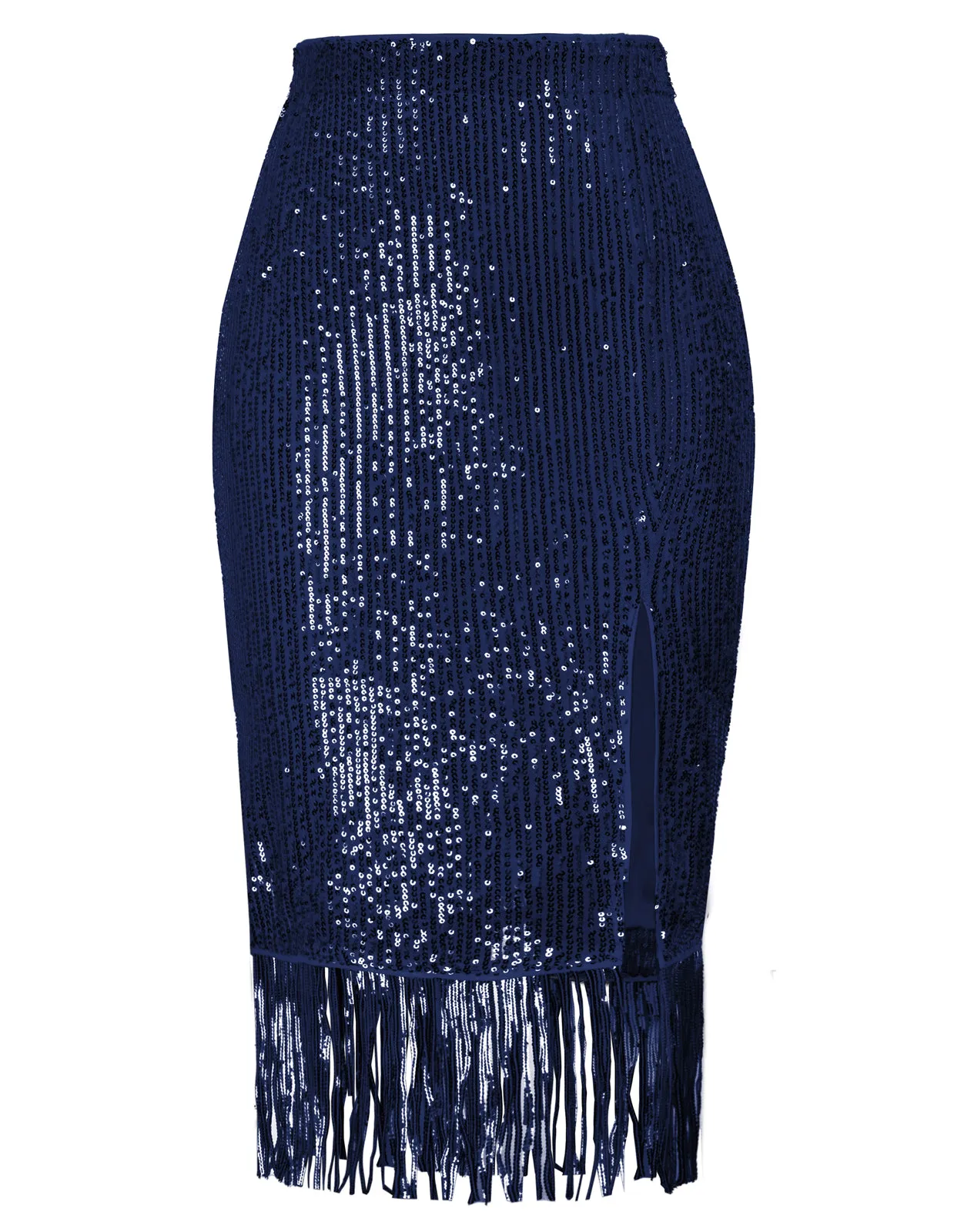 Women Sequined Party Skirt Elastic Waist Front Slit Tassel Hem Bodycon Skirt