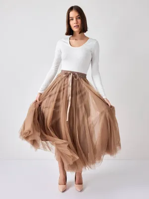 Women's Aria Tulle Midi Skirt in Taupe