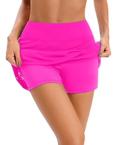 Women's High Waisted Swim Skirt With Boyshorts-Neon Pink