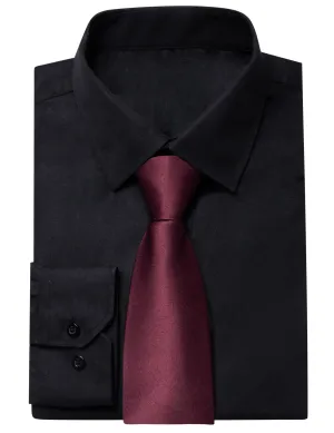 YourTies Black Solid Long Sleeve Shirt with Burgundy Solid Silk Tie for Men