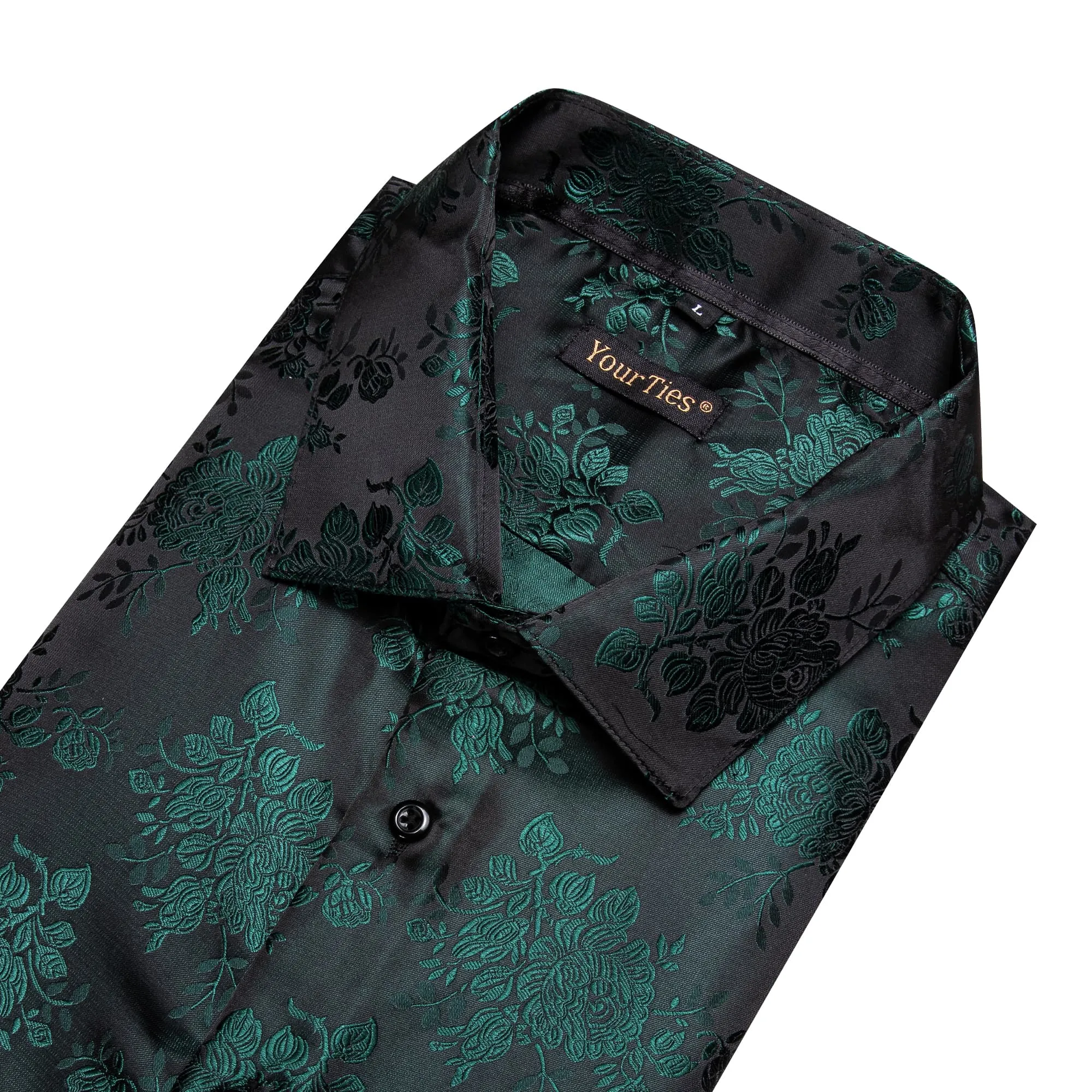 YourTies Men's Floral Shirt Long Sleeve Deep Green Jacquard Silk Shirt