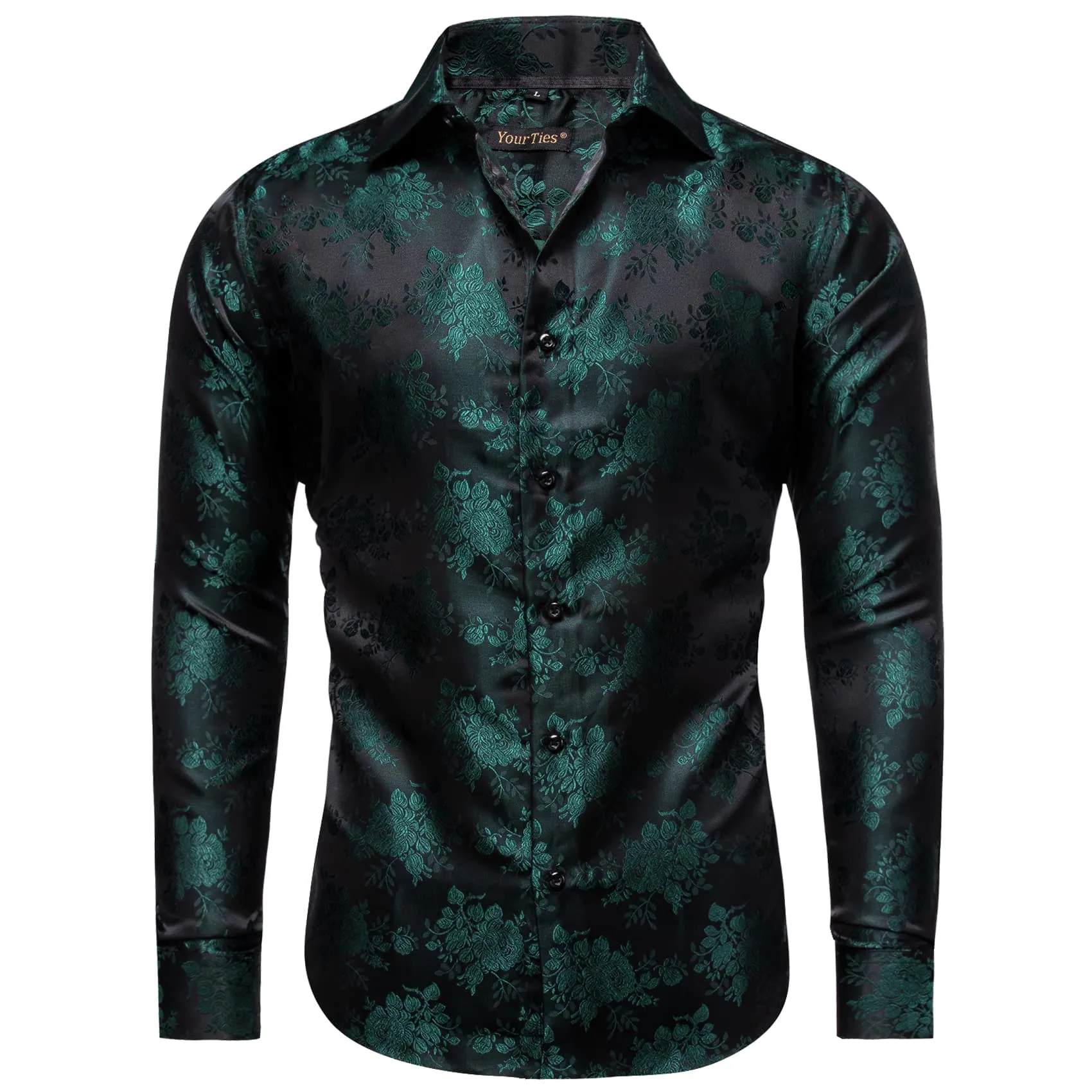 YourTies Men's Floral Shirt Long Sleeve Deep Green Jacquard Silk Shirt